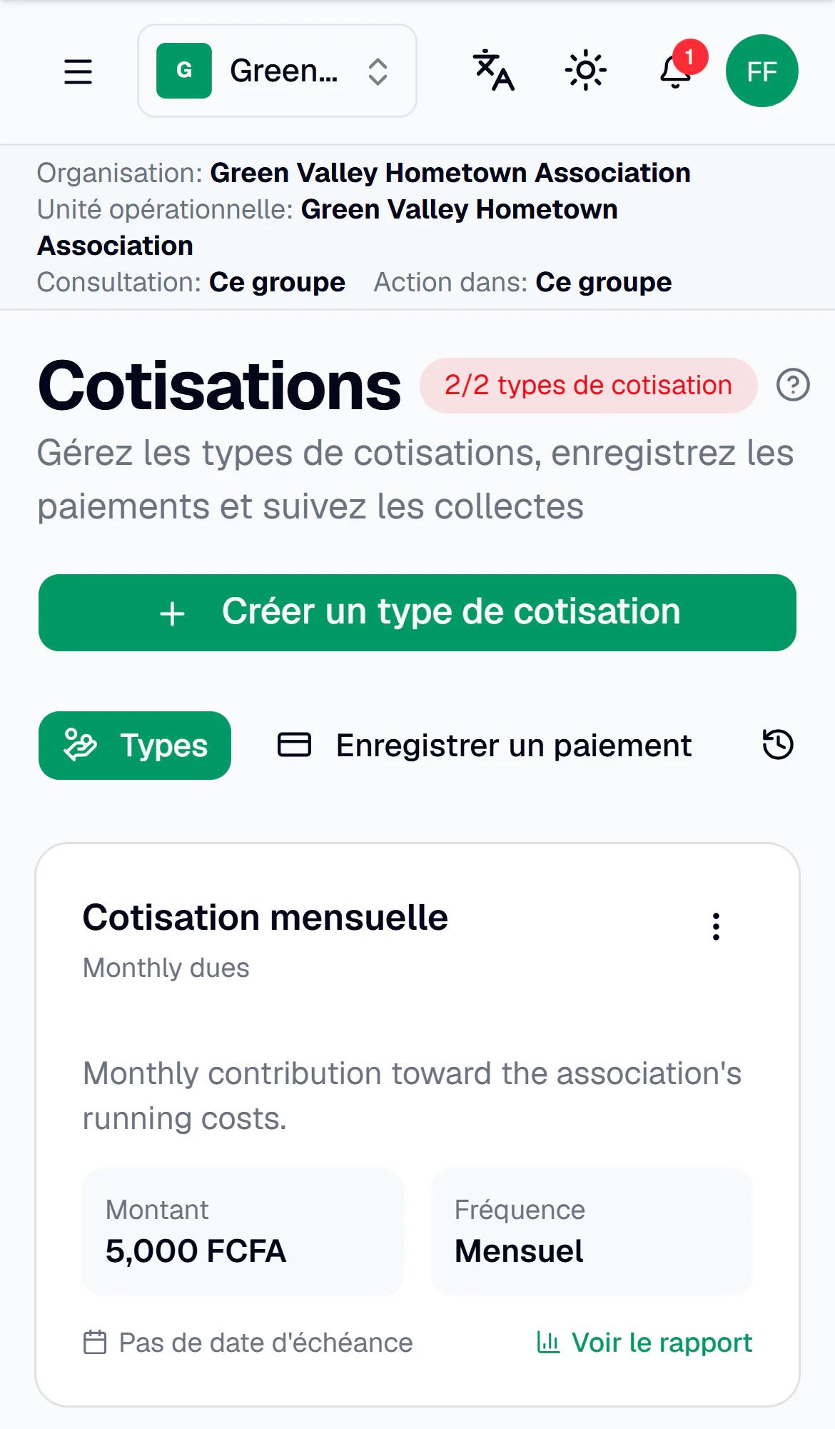 VillageClaq sur téléphone : cotisation mensuelle de 5 000 FCFA pour un groupe fictif