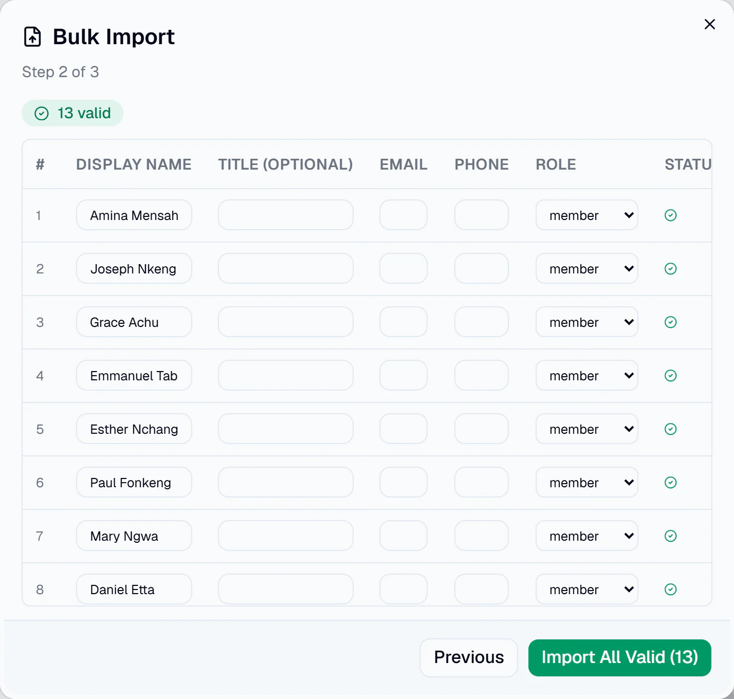 Bulk import preview in VillageClaq: 13 rows from a fictional member list, checked and ready to import