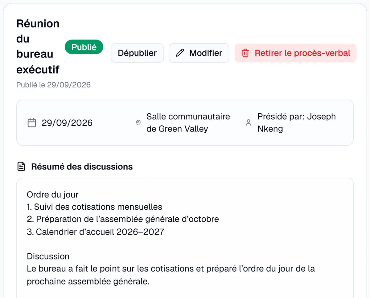 Procès-verbaux publiés dans VillageClaq pour un groupe fictif