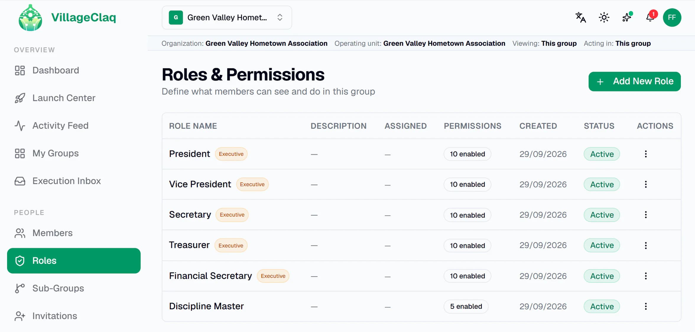 Roles and permissions in VillageClaq: six officer positions for a fictional group