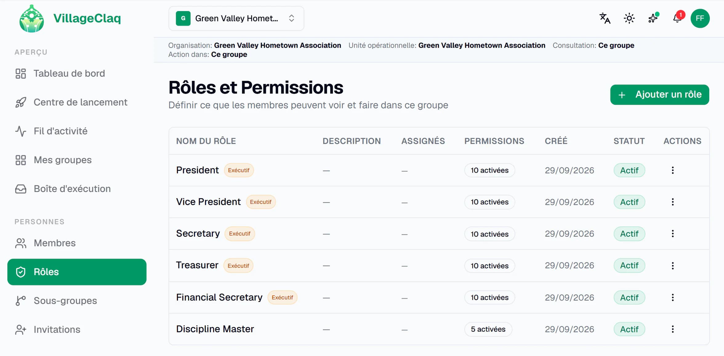 Rôles et permissions dans VillageClaq : six postes de responsables pour un groupe fictif